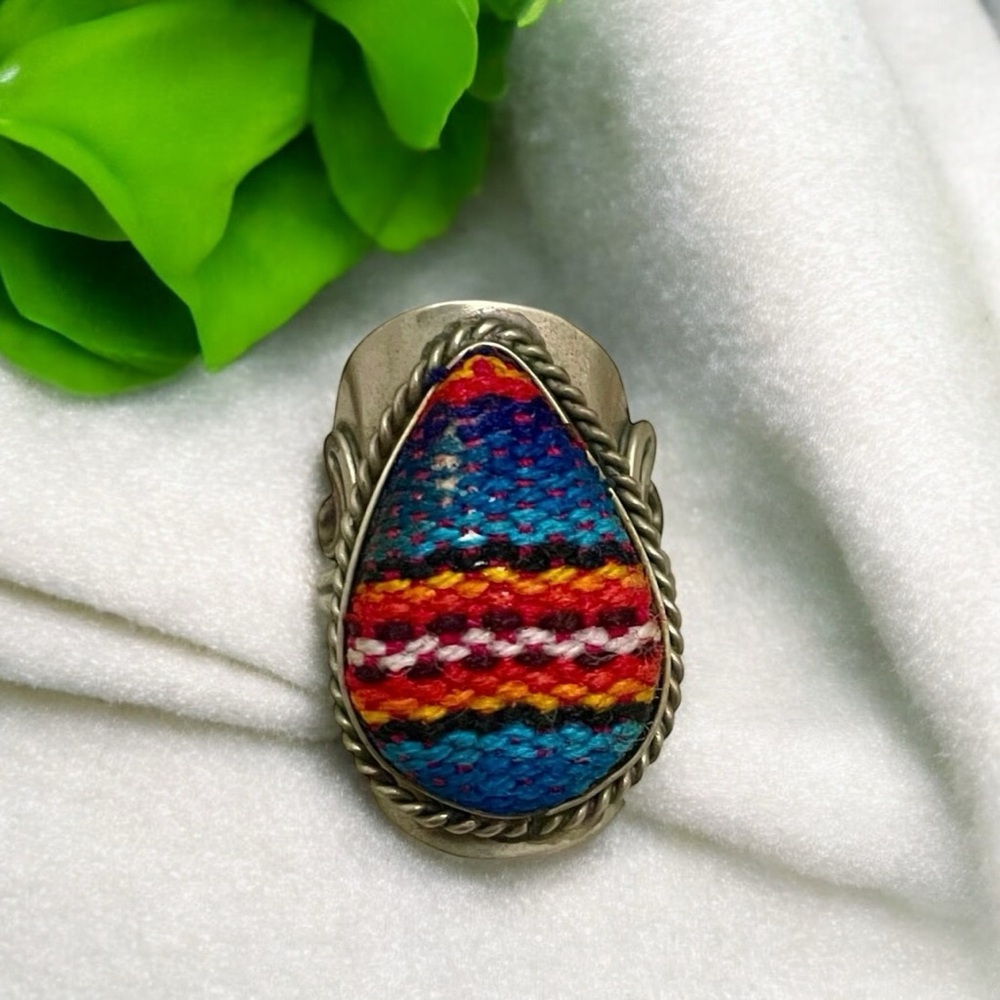 Vintage Handmade Peruvian Manta Colored Wool Ring Size 8